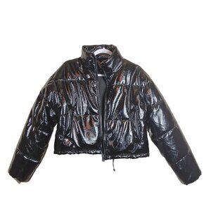 Divided H&M Puffer Jacket Womens XXS Black Soft Faux Leather Crop Winter Coat